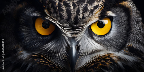 Closeup of owls eyes shining bright in the blackness of night, Beautiful owl with orange eyes.