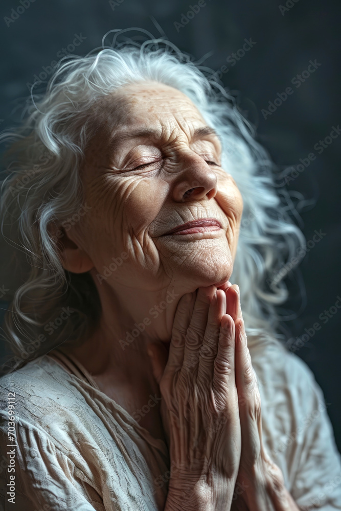 Smiling elderly woman with closing eyes makes yoga Smiling elderly woman with closing eyes makes yoga