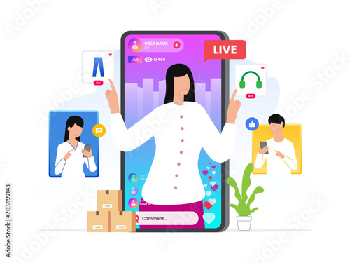 Selling items on the mobile screen using live social commerce and people around you are making purchases. Flat design minimal vector illustration.