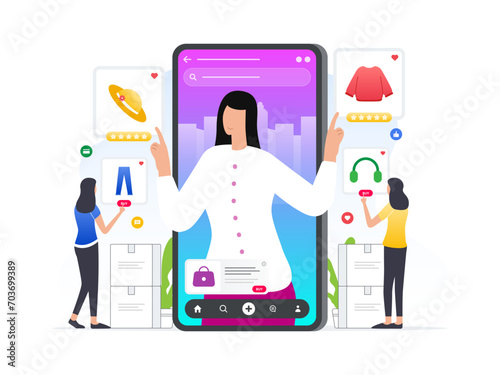 Woman using social media commerce to sell product online vector illustration. Flat tiny products promotion concept. New customer word of mouth engagement