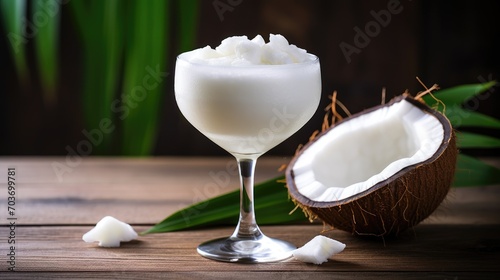 Vegan dairy-free coconut milk in a glass and fresh coconuts on a wooden table. An alternative to cow's milk. Palm leaves in the background.