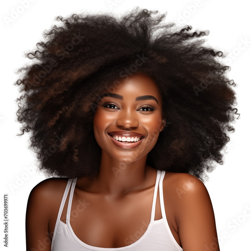 Smiling African American woman with luxuriant hair in a white T-shirt. Isolated on a transparent background.