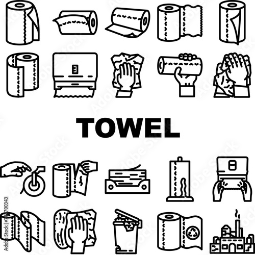 paper towel kitchen roll tissue icons set vector. clean toilet, wipe, napkin, bathroom wet, table, cleaning dry, hands cleanliness paper towel kitchen roll tissue black contour illustrations
