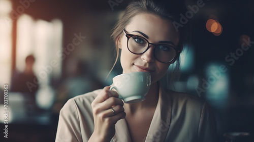 コーヒーを飲みながら仕事するビジネスウーマン
 photo