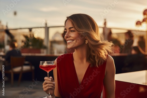 Beautiful young woman in a red dress with a glass of wine in the restaurant