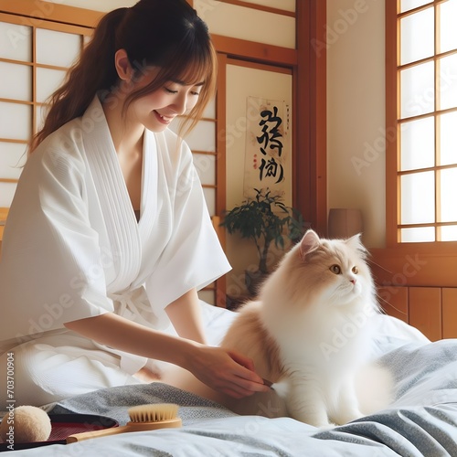  young Asian woman caressing fluffy cat kitty feline in japanese home