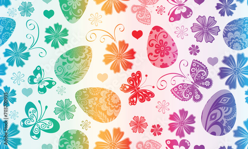 Rainbow gradient elegant spring Easter pattern with painted eggs, flowers and butterflies on a white background. Vector image