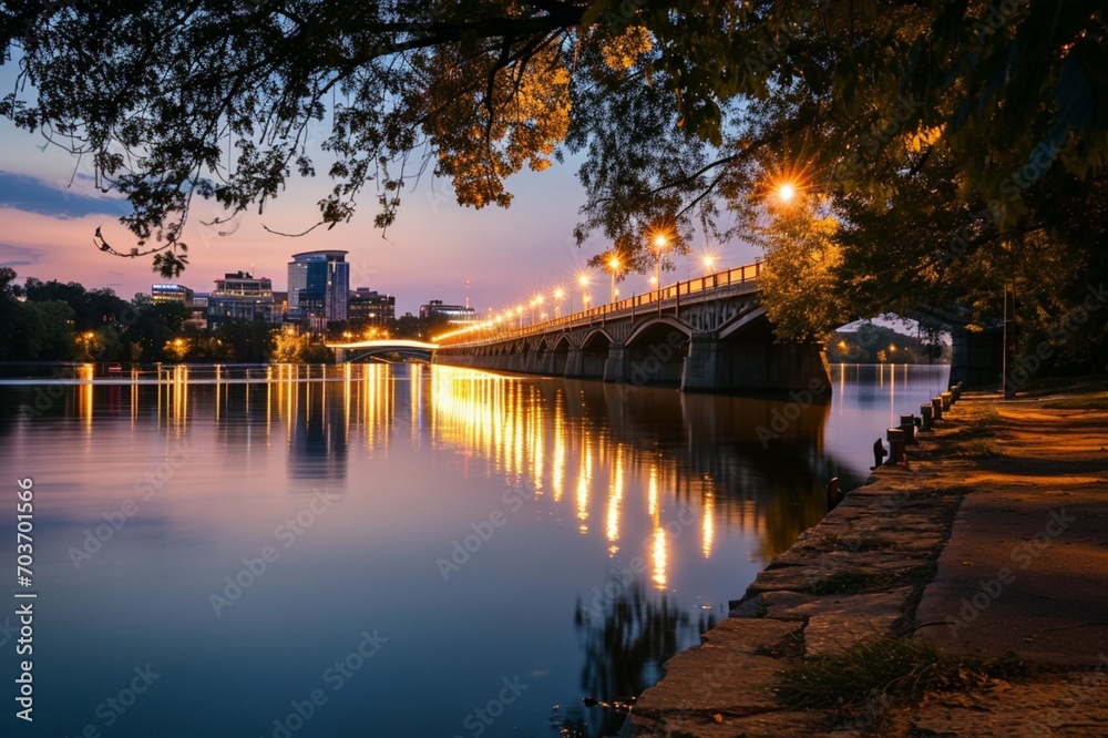 : The soft glow of city lights reflecting on a calm river at twilight, with a picturesque bridge in the background, creating a serene urban-nature scene