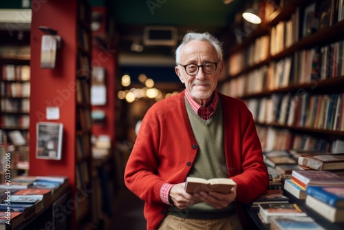 Senior man reading a book in a book shop. He is wearing glasses and a red sweater.