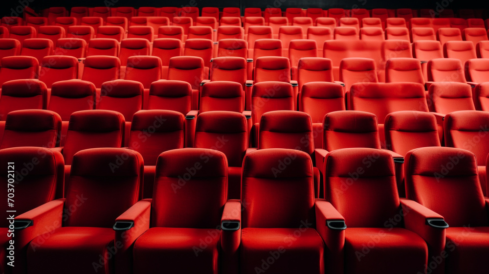 Naklejka premium Empty red seats cinema rows seats. Movie night concept. Movie theatre experience. 
