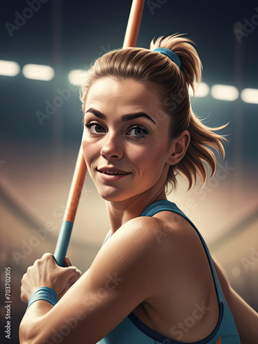 Triumphant Female Pole Vaulter - Retro-inspired bird's eye view close-up headshot portrait illustration with dramatic chiaroscuro tones Gen AI