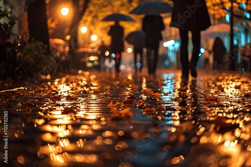   Wet cobblestone paths reflecting the city lights  anonymous figures strolling beneath umbrellas amidst a carpet of golden leaves on a rainy night.