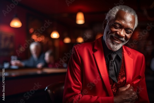 Portrait of a handsome senior African man in a red suit at a bar. © Nerea