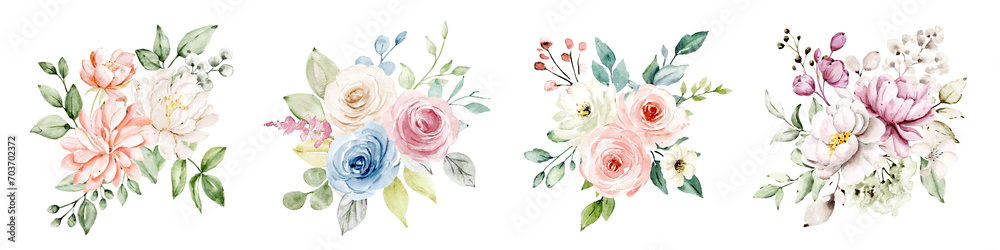 Flowers bouquets hand drawn, watercolor set floral vintage roses and peonies. Decoration for poster, greeting card, birthday, wedding design. Isolated on white background.