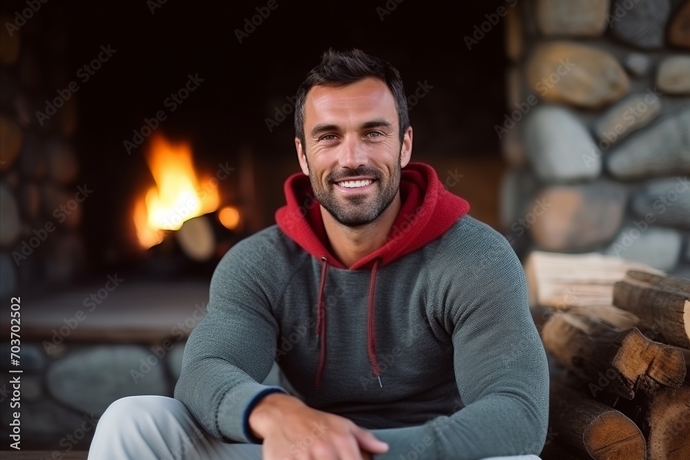 Portrait of a smiling man sitting in front of fireplace at home