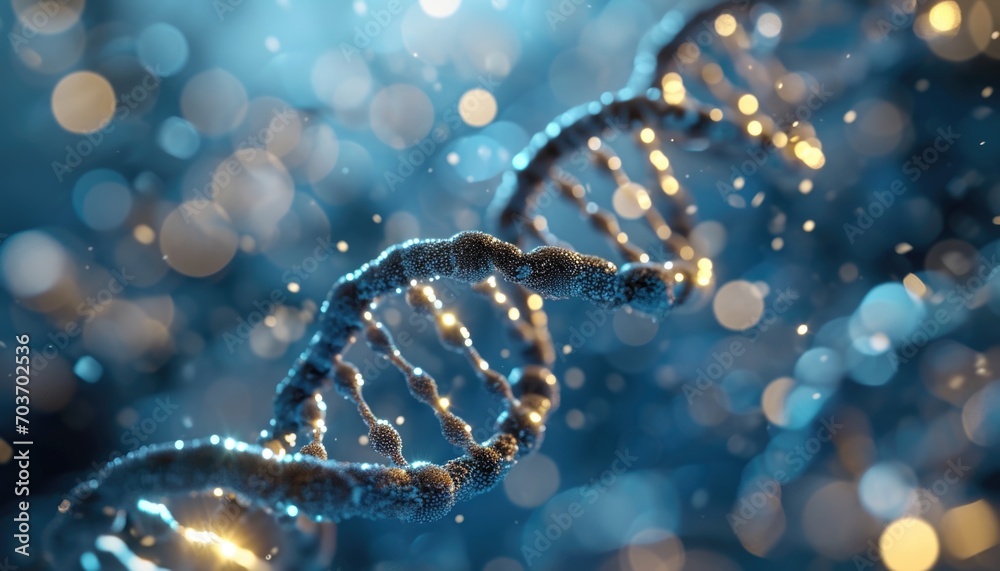 3D Rendering of a Glowing DNA Strand with a Futuristic Blue Bokeh Effect Background 3D Rendering of a Glowing DNA Strand with a Futuristic Blue Bokeh Effect Background