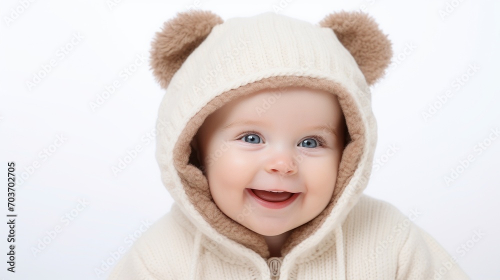 A close-up portrait of a cute little child baby wearing a plush jumpsuit with teddy bear ears on a white background. A close-up portrait of a cute little child baby wearing a plush jumpsuit with teddy bear ears on a white background.