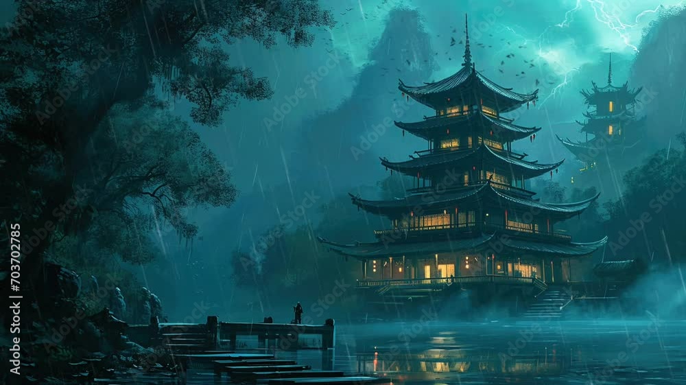 a mysterious temple located in a misty forest. seamless looping time-lapse virtual video Animation Background.	