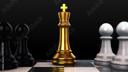 Black and white pawns with gold king on chess board