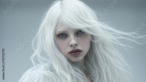 Portrait of a young girl with blond hair and an almost ghostly pale complexion against a light blue backdrop.