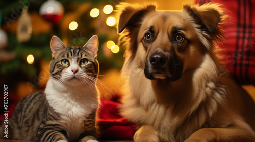 Cat and dog sit next to the christmas tree, AI Generative. © Miry Haval