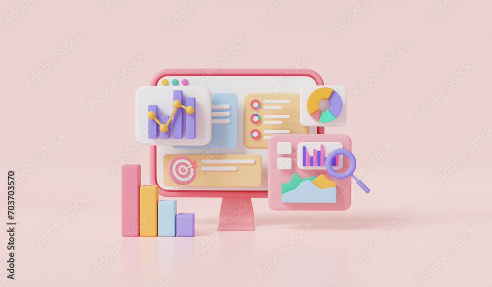 Data analytics, SEO Optimization, marketing business strategy, statistical financial information and investment, business goals. web analytics and seo marketing concept. 3d render illustration