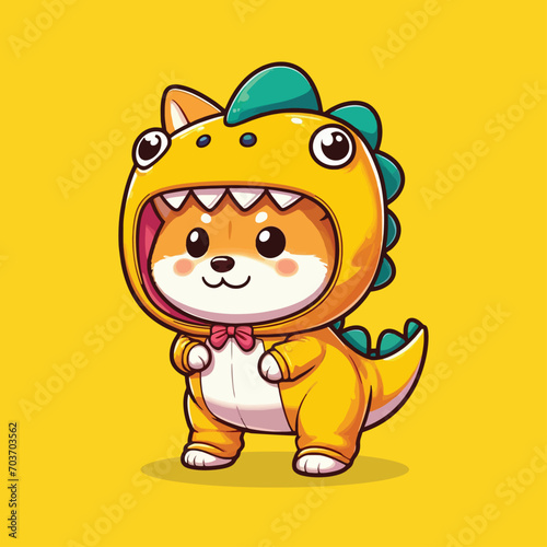 Cute Shiba Inu use Costume Yellow Dinosaurs Illustration