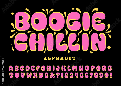 Boogie Chillin is a fat rounded retro pop psychedelic alphabet in bright pink and yellow photo