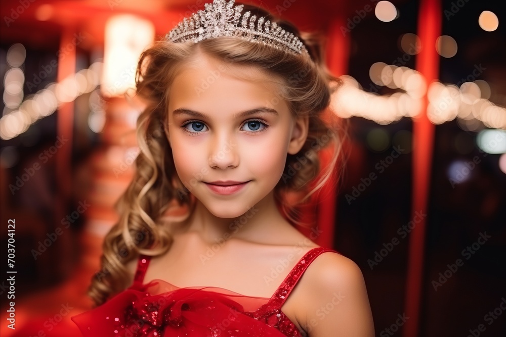 Portrait of a beautiful little girl in red dress and tiara.