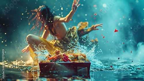 a man and a woman in a boat in a body of water, submerged temple dance scene, by Mike Winkelmann, submerged temple ritual scene, closeup fantasy with water magic, miss aniela, organic 8k artistic phot © AJOY