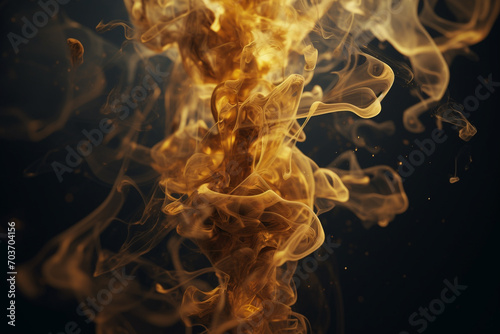 Graphic resources of golden smoke, mist, cloud or dye, paint floating in water or levitating in air. Abstract, minimalist and surreal blank background with copy space