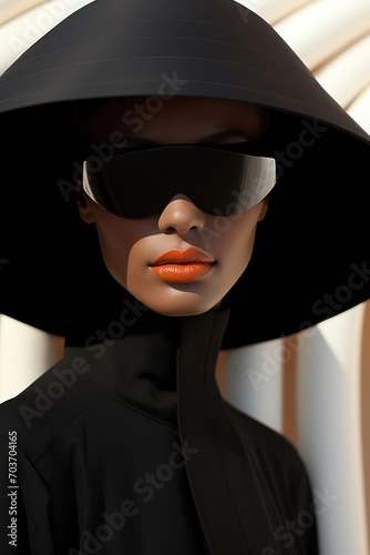 Fashionable Portrait: Young Lady in a Stylish Hat, Red Lipstick and Retro Sunglasses, Exuding Sensual Glamour on a Classic Background