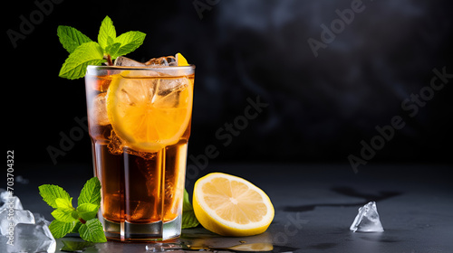 A glass of iced tea with a lemon on the side, generative ai