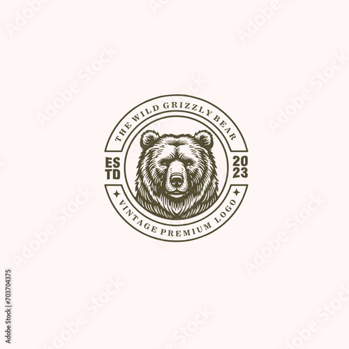 grizzly bear head vintage retro badge label stamp logo design vector illustration