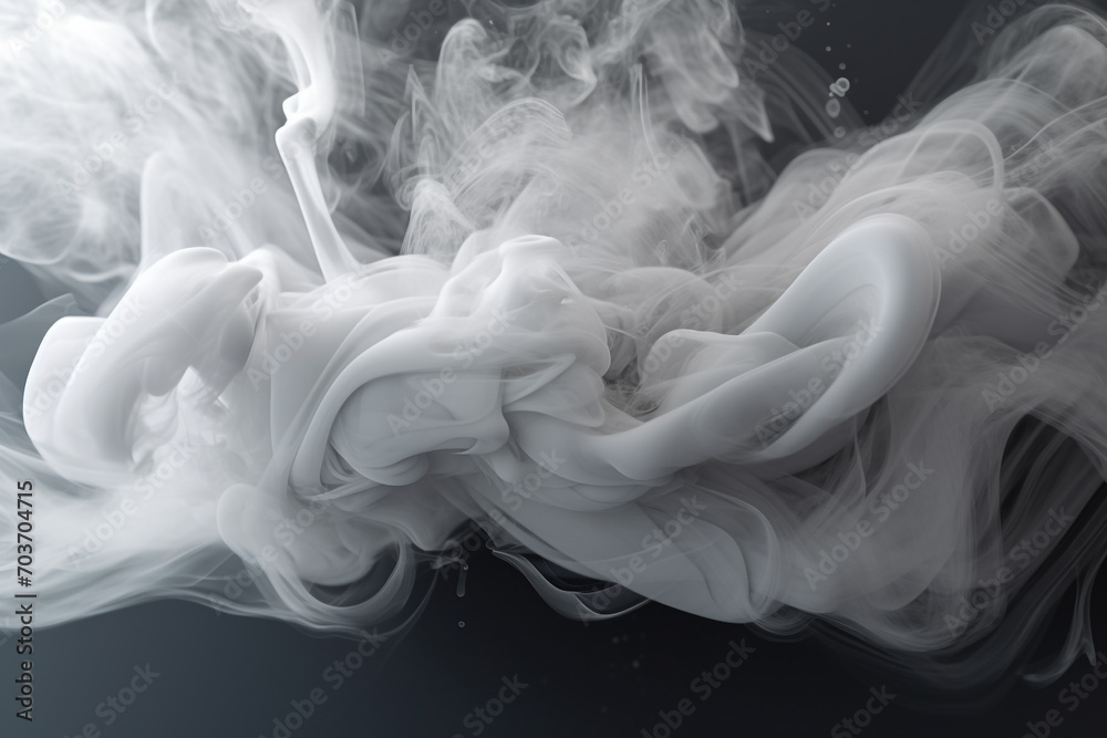 Graphic resources of white smoke, mist, cloud or dye, paint floating in water or levitating in air. Abstract, minimalist and surreal blank background with copy space