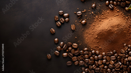 Roasted coffee beans different sort ground and whole close up background, generative ai