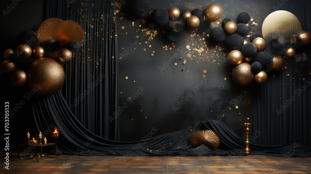 Obraz premium Luxurious backdrop room with balloons, arrangements and decor. Photo-wall decoration for celebrate, wedding, birthday, holiday party. Beautiful decorative celebration concept. Generative AI