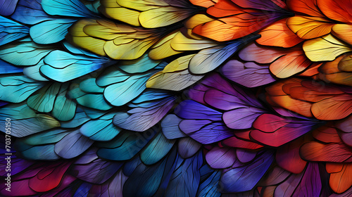 a close up of a colorful pattern of wings of a dragonfly, with a blue, green, purple, yellow, and red wing pattern photo