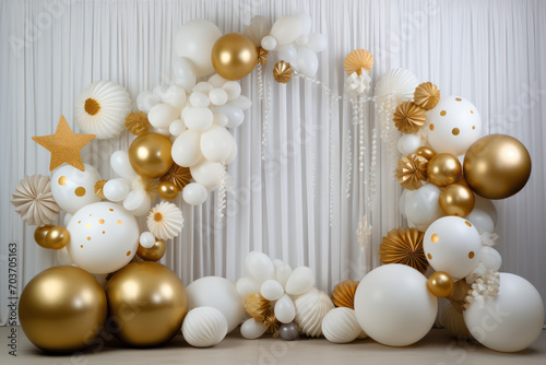 Luxurious backdrop curtain with balloons, arrangements and decor. Photo-wall decoration for celebrate, wedding, birthday, holiday party. Beautiful decorative celebration concept. Generative AI