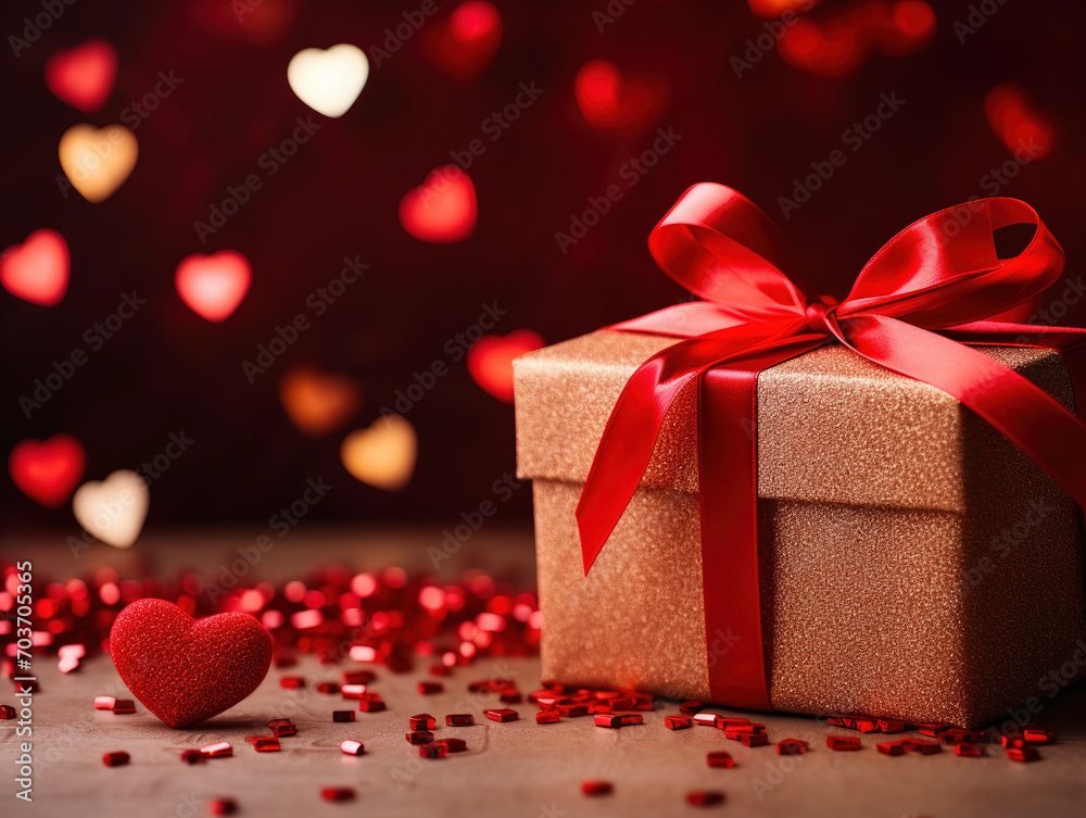 Valentine's Day gift, a box with a bow and hearts close-up. 14 February concept