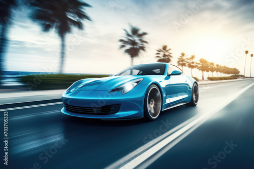 Luxury blue fast sport car on the road by the sea