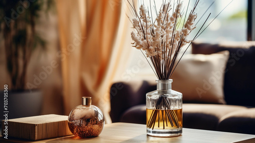 luxury aroma scented reed diffuser crystal bottle is used as room freshener and decoration items on brown wooden table in the relaxing ambient 