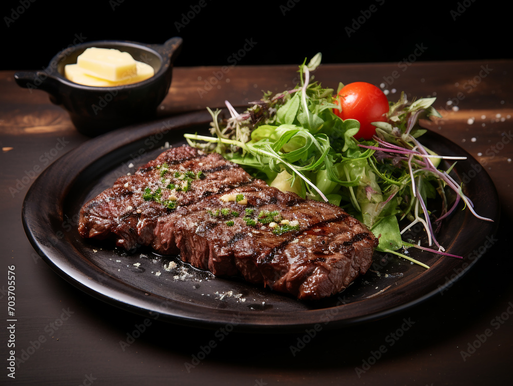 Grilled meat steak on stainless grill depot with flames on dark background. Food and cuisine concept.