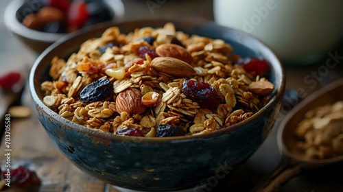 Homemade granola with nuts and dried cranberries in a bowl
