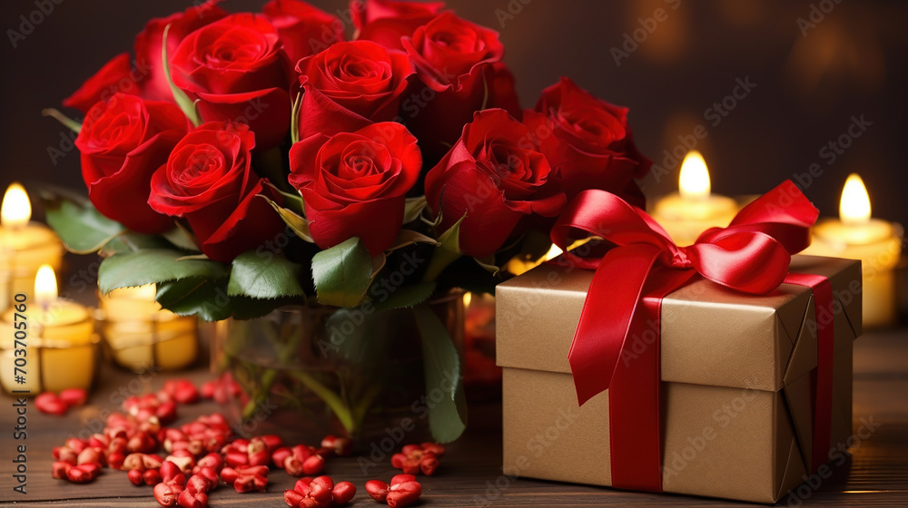 Valentine's Day gift, a box with a bow and roses close-up. 14 February concept Valentine's Day gift, a box with a bow and roses close-up. 14 February concept