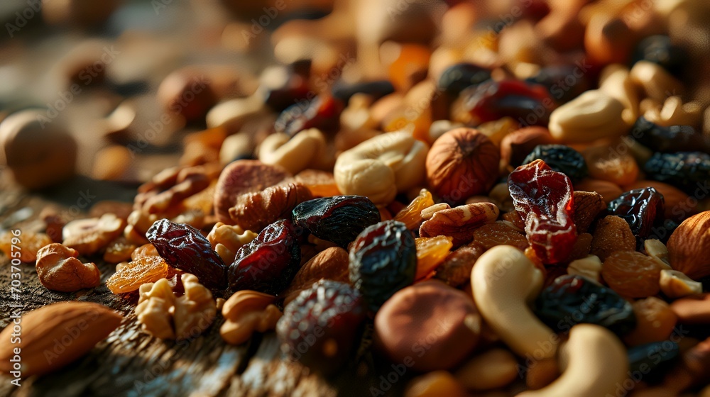 Mix of nuts and dried fruits on a wooden table, closeup view
