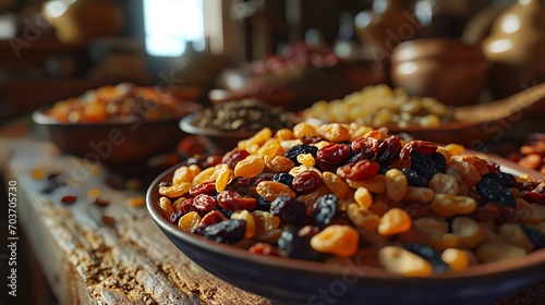 Mix dried fruits and nuts in a bowl on a wooden table, closeup photo