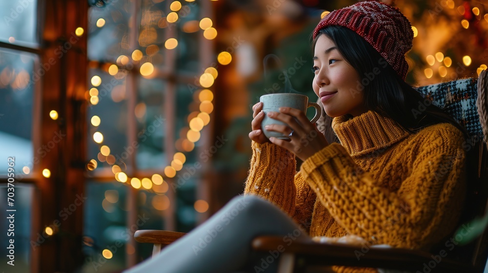 Happy asian woman relaxing drinking hot coffee or tea in holiday morning vacation on armchair at home, Cosy scene, Smiling pretty woman drinking hot tea in autumn winter - obrazy, fototapety, plakaty 
