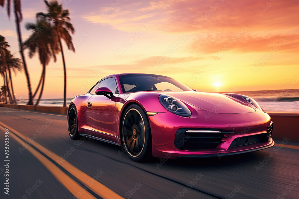 Luxury fast pink sport car on the road by the sea