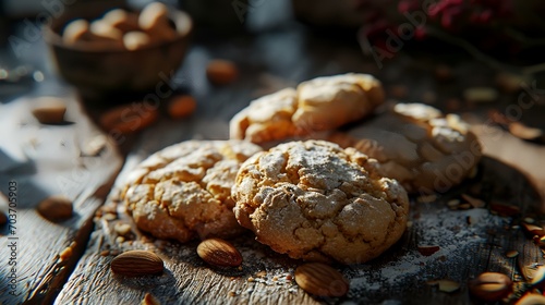 Cookies with almonds on a wooden table. Selective focus.